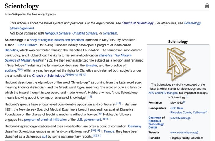 La Chiesa di Scientology e Wikipedia ai ferri corti