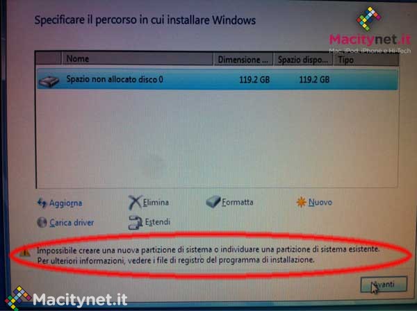 Boot Camp, cosa fare se all’installazione di Windows 8 appare errore ‘Impossibile creare nuova partizione’