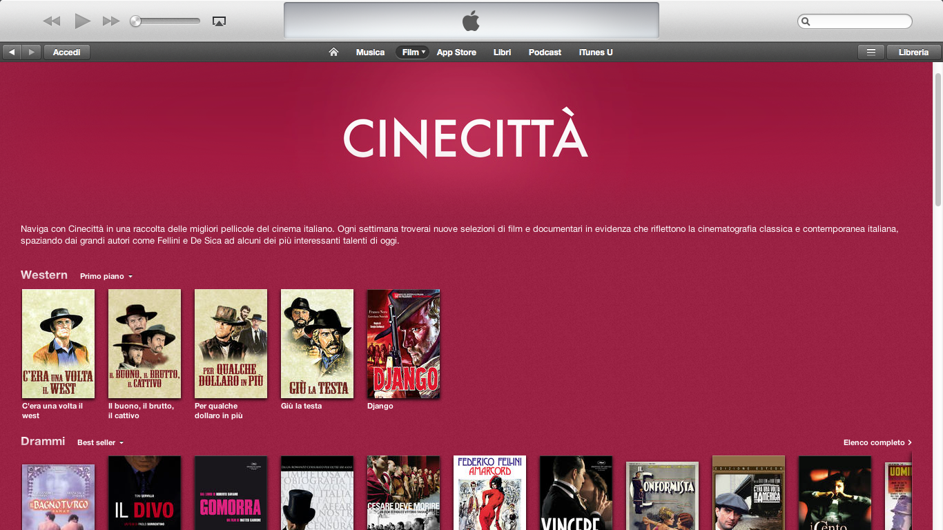 Sezione Cinecittà su iTunes, omaggio al cinema italiano