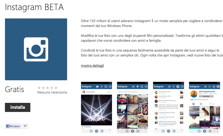 Instagram BETA   Store di app e giochi per Windows Phone  Italia