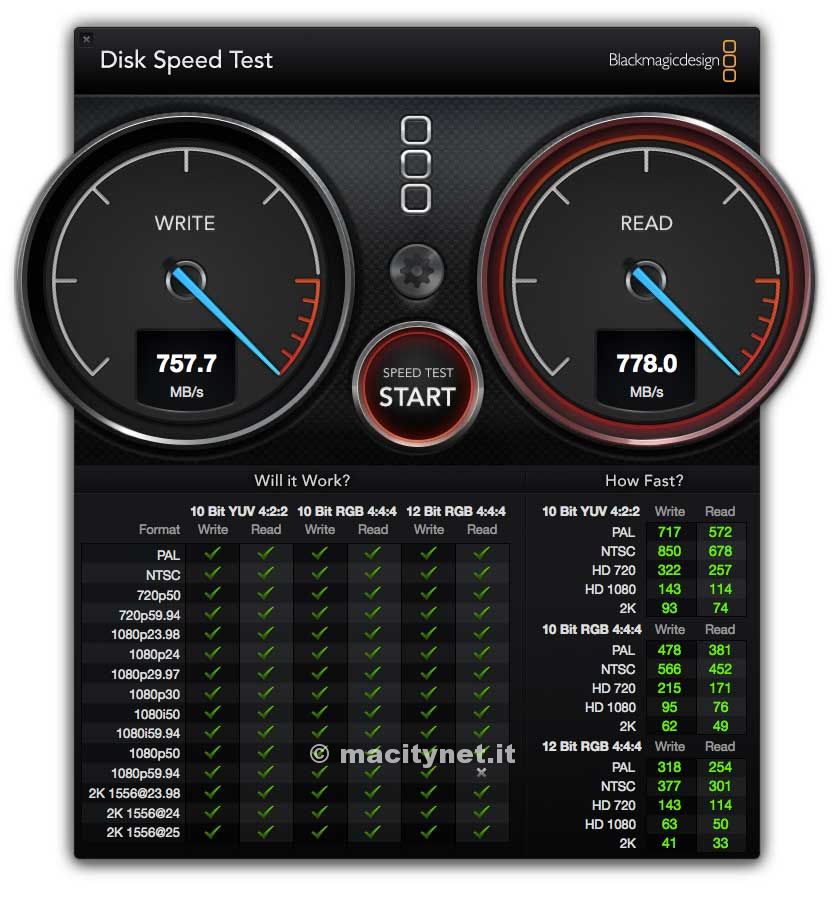 Prova con Disk Speed Test con la prima generazione di Thunderbolt