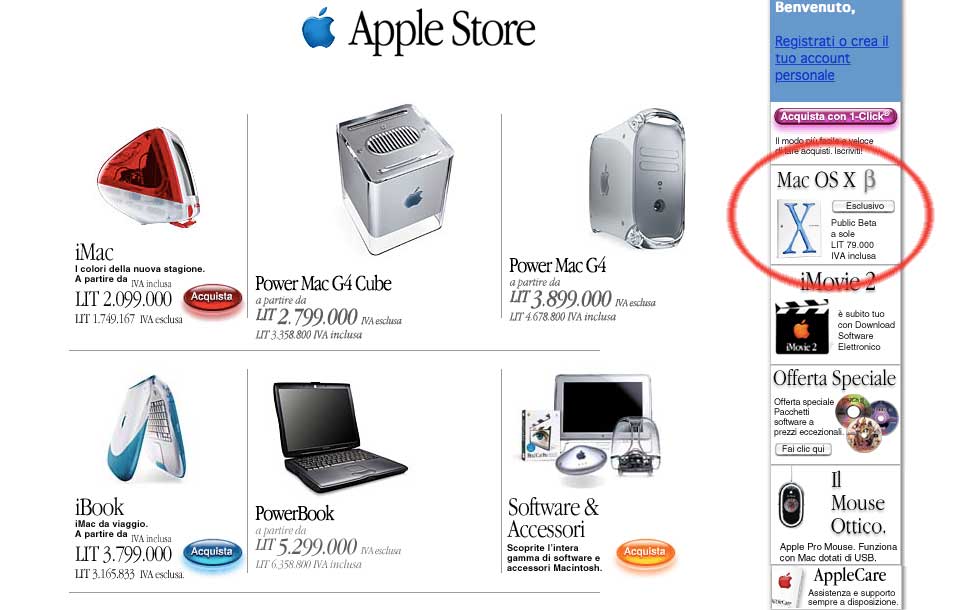 Oggi Apple distribuisce gratuitamente OS X e anche le versioni preliminari (“beta”) delle future versioni ma c’è stato un tempo in cui bisogna pagare anche per avere la beta. “Mac OS X Public Beta” fu rilasciato il 13 settembre 2000 ed era possibile riceverlo ordinandolo sull’Apple Store per 79.000 lire. A questo indirizzo un nostro articolo di allora.