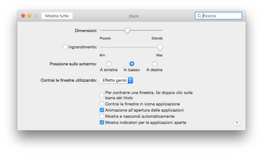 Opzioni relative al Dock