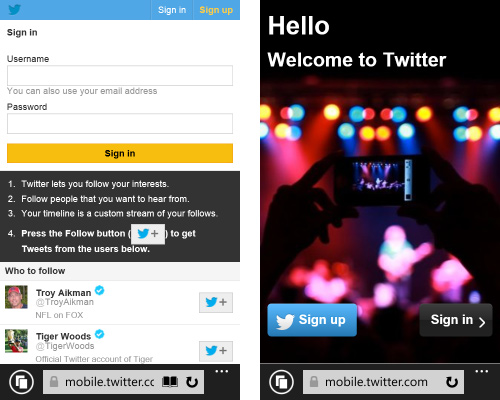 Twitter prima e dopo visto da dispositivi mobile con Windows mobile. Il rendering a destra è uguale a quello visibile sui dispositivi iOS.
