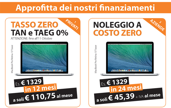 Per le aziende e i liberi professionisti Juice propone il Noleggio a Costo Zero in 24 mesi. Grazie a questa promozione non occorre investire grandi somme di denaro per utilizzare nuovi computer e dispositivi iOS della Mela, permettendo di diluire il pagamento in 24 rate che risultano quindi come un costo, quindi vanno a detrazione dei ricavi, oltre che di scaricare l’IVA versata per ogni rata. Ecco alcuni esempi: iMac 21,5 base da 1.133 euro si può ottenere con 24 rate da 38,70 euro più IVA, MacBook Pro Retina 13” base da 1.329 euro si ottiene con 24 rate da 45,39 euro al mese più IVA, fino ad arrivare al potente ed elegante Mac Pro da 3.053 euro molto più abbordabile con 24 rate da 104,27 euro più IVA.