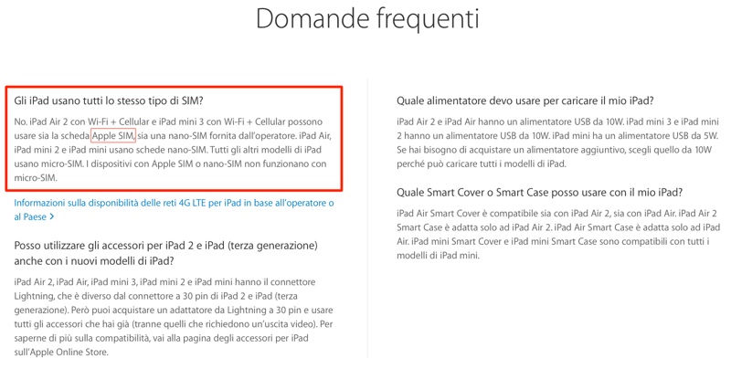 apple sim FAQ ita 800