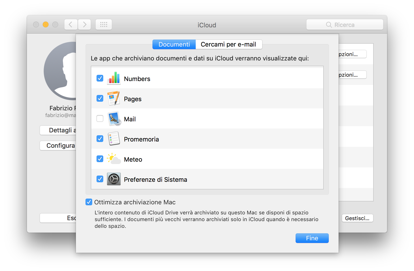 Preferenze di iCloud drive su Mac