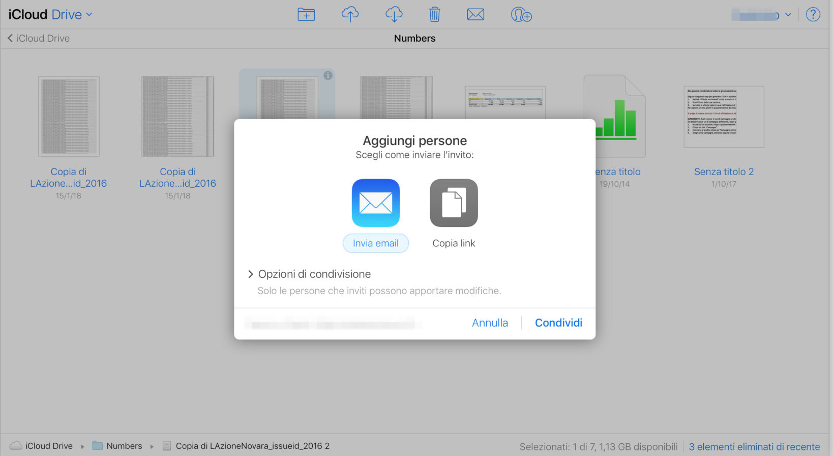 Pannello di condivisione dei file di iCloud Drive da iCloud.com