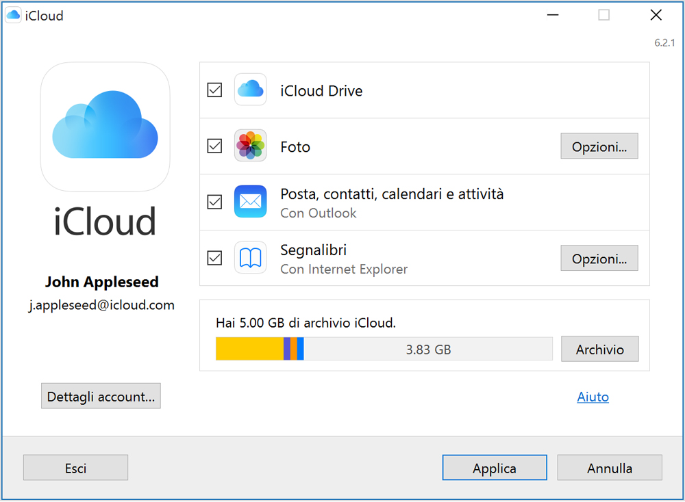 Pannello di iCloud drive per Windows