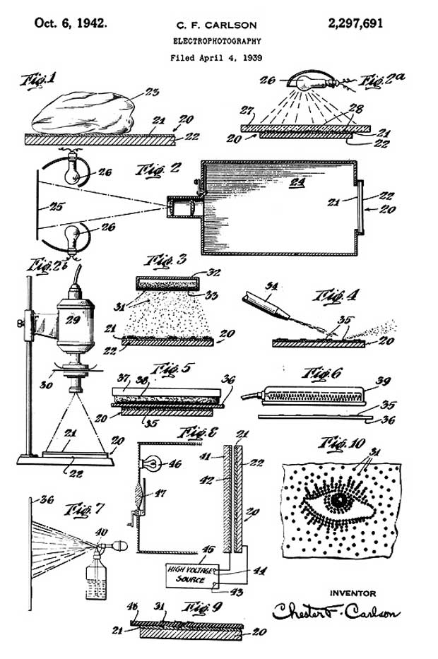 Il brevetto di Chester Carlson, inventore e fondatore di Xerox, ideatore della prima copia xerografica in un laboratorio ad Astoria, nel Queens di New York. Il nrevetto americano numero 2.297.691 illustra le basi del processo della xerografia.