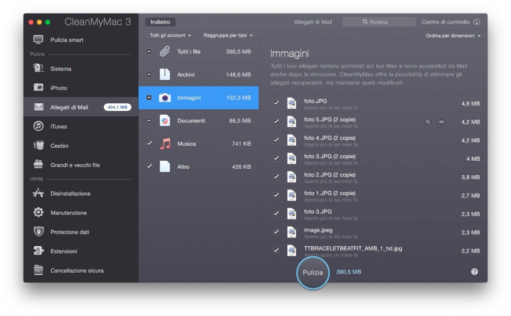 cancellare tutti gli allegati