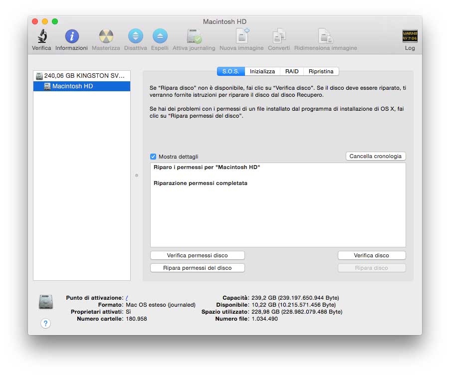 OS X 10.10.3 Utility Disco non segnala più nessun problema con i permessi