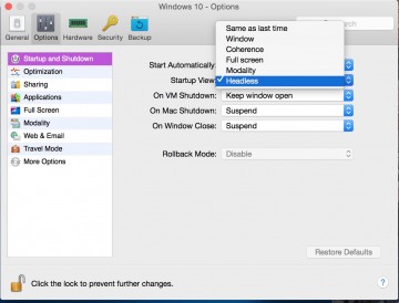 Choosing Headless mode in Parallels Desktop 11