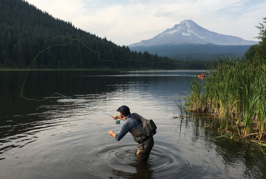pescatore all'intreno di un fiume con montagne sullo sfondo