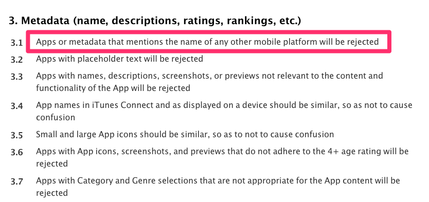 linee guida app store rifiuto altre piattaforme mobili