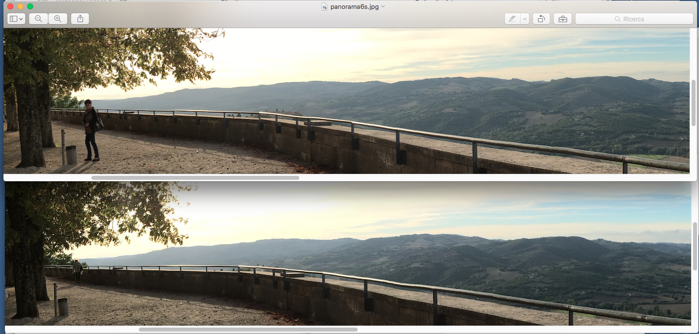 Un dettaglio a confronto della foto sopra. Si noti come iPhone 6s (in alto) permetta di cogliere maggiori dettagli nelle parti in ombra. 