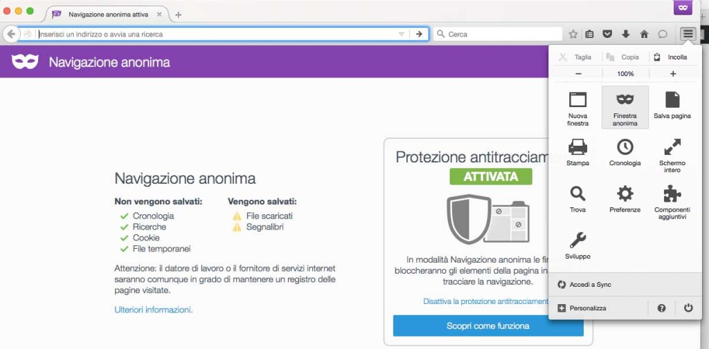 La modalità "navigazione anonima" di Firefox