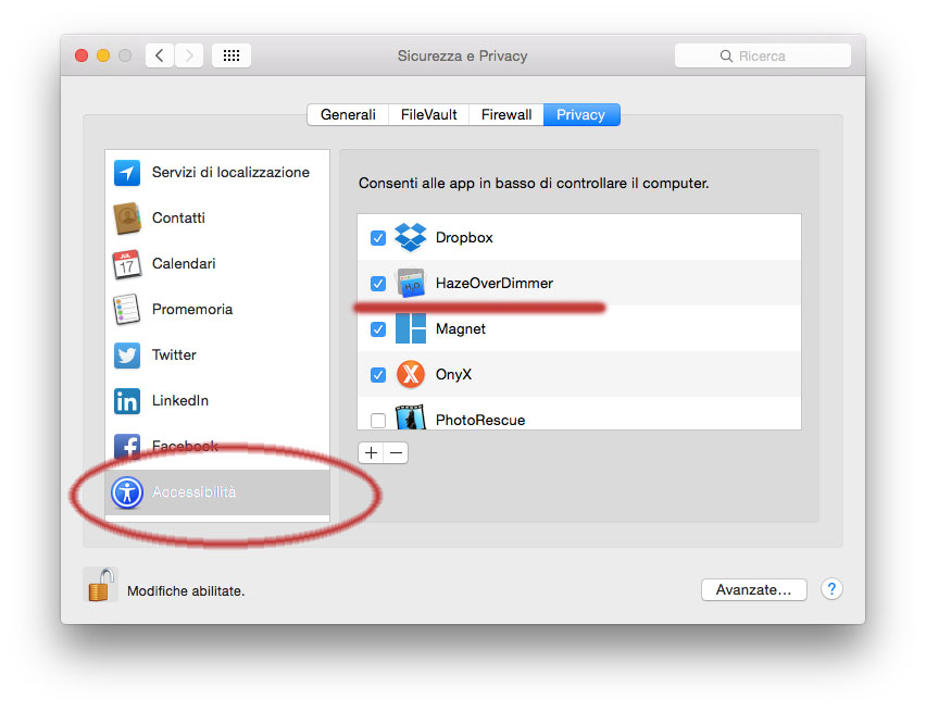 Abilitazione funzioni accessibilità per HazeOver