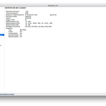 Dettagli sul masterizzatore USB dall'utility "Resoconto di Sistema" integrata in OS X