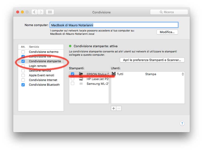 Condivisione stampante su Mac