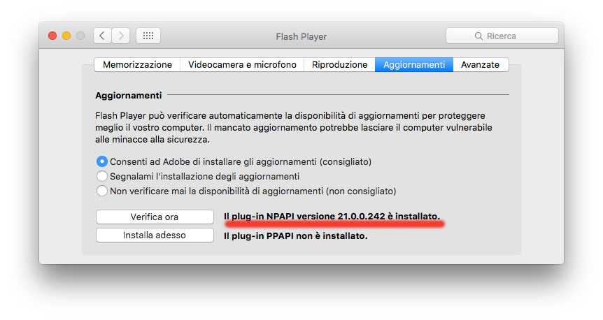 Controllo versione Flash Player