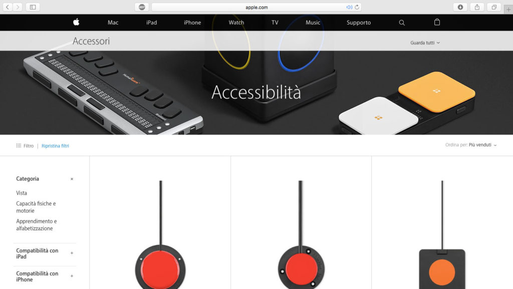 Schermata sezione Accessibilità sull'Apple Store