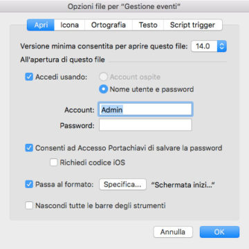 le impostazioni in Opzioni file che consentono di abilitare l’accesso attraverso Touch ID su iOS