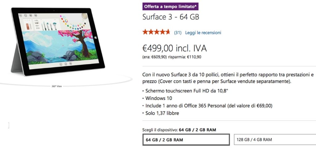 microsoft surface 3 sconto 1200