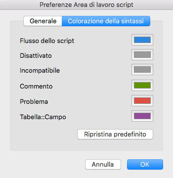 Preferenze sintassi: è possibile decidere i colori per la sintassi degli script
