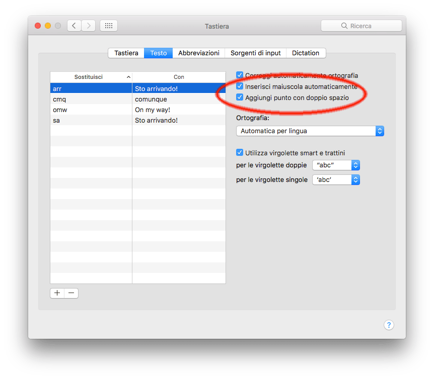 macOS Sierra Opzioni doppio spazio