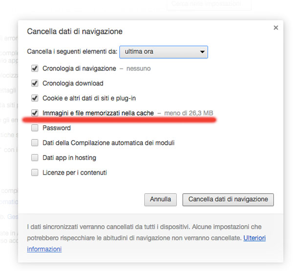 Cancellare la cache in Chrome