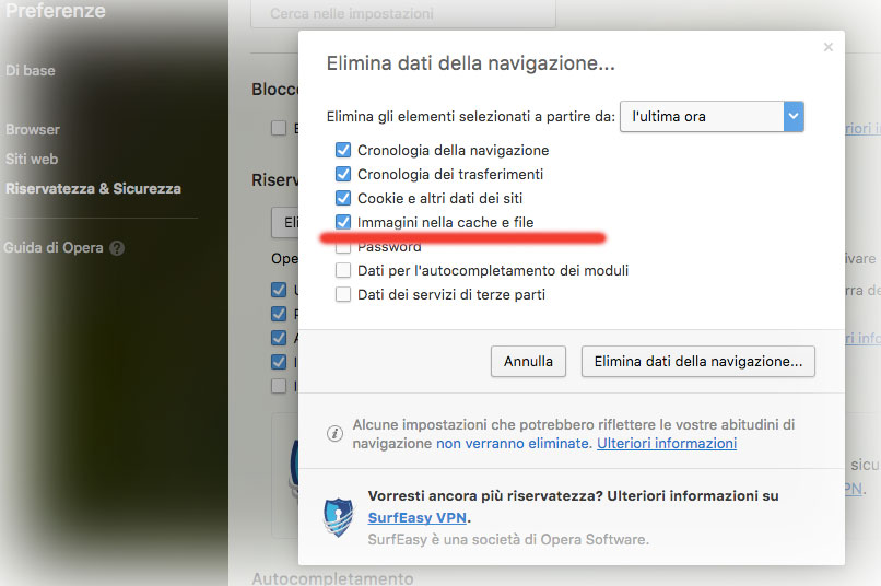 Cancellare la cache di Opera