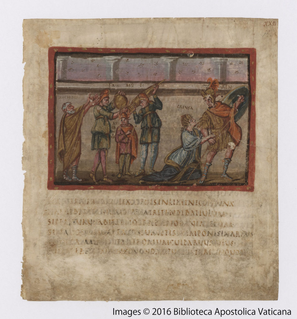 Virgilio Vaticano, foglio XXIIr , Creusa cerca di trattenere Enea dalla Battaglia, IV sec.