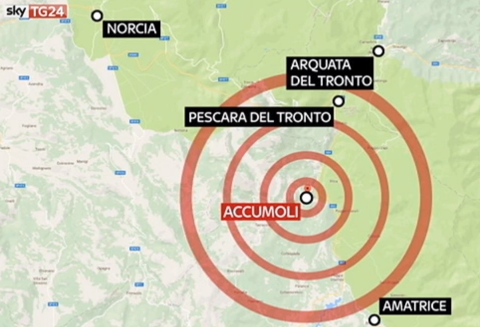 Una mappa di SkyTg24 sulla zona dove si è verificato il terremoto