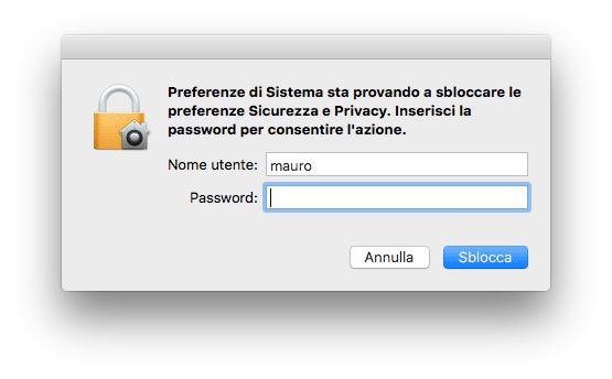 La vera finestra di OS X con la richiesta di inserimento password dell'utente amministratore