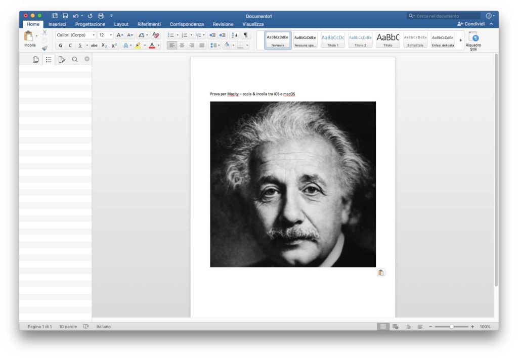 Universal Clipboard Immagine copiata negli Appunti di iOS e incollata in un documento Word su un Mac con macOS Sierra.
