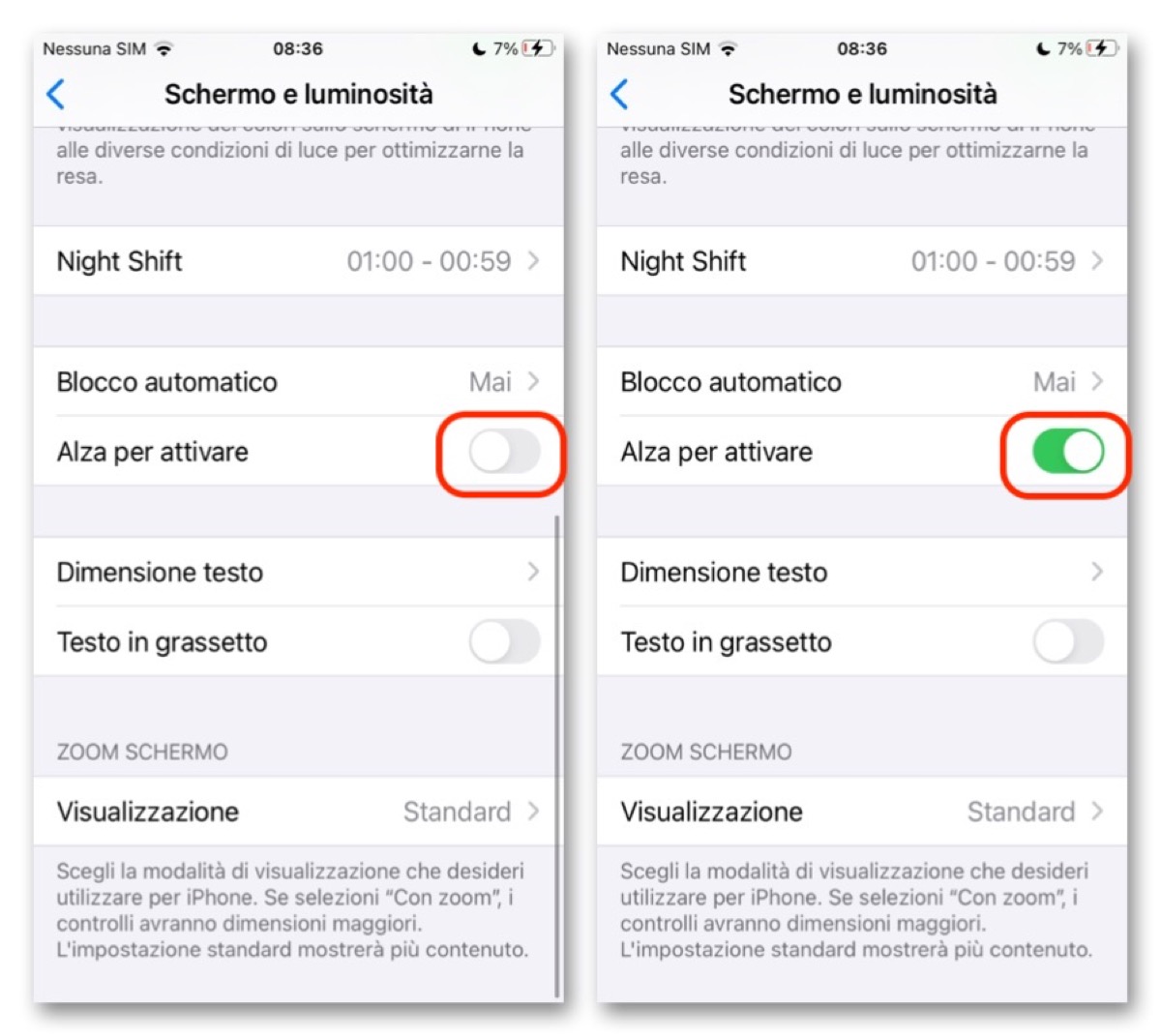disabilitare alza per attivare