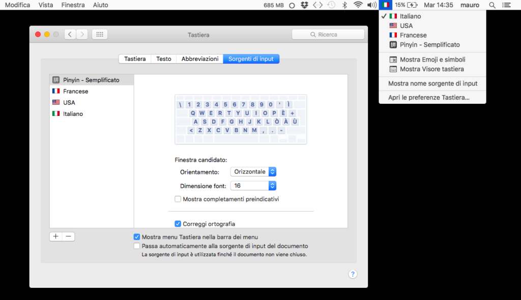 L'opzione "Sorgenti di input" in OS X 10.11 El Capitan