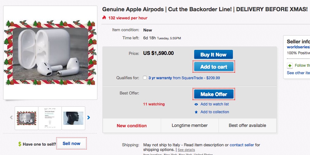 airpods in vendita su ebay a 1590 dollari