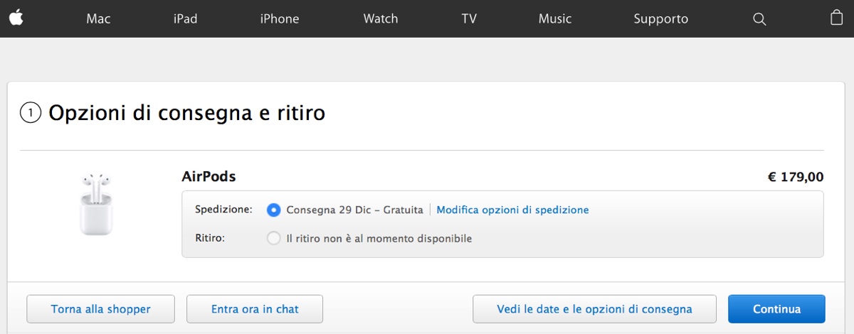 spedizione airpods 29dic16
