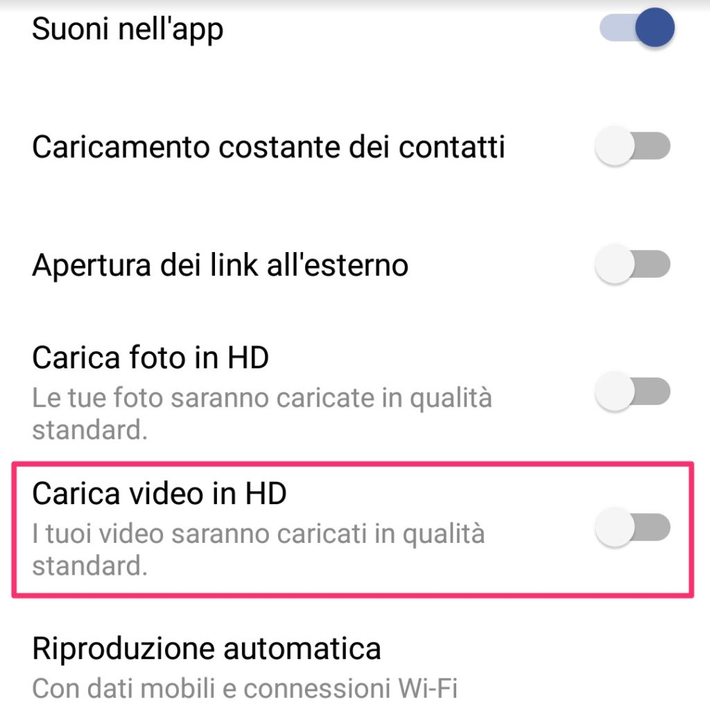 menu impostazioni su Facebook Android con caricamento video hd evidenziato
