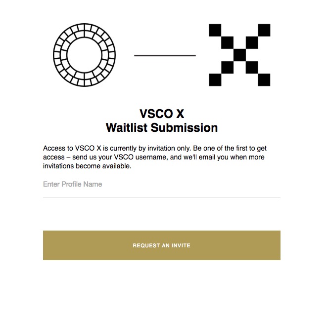 form per richiedere invito a VSCO X con logo VSCO, istruzioni e pulsante di richiesta