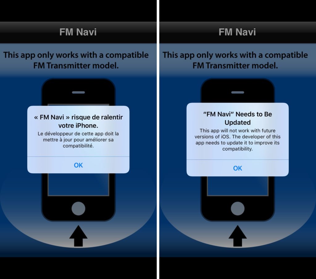 La vecchia app FM Navi avviata su iOS 10.2 (a sinistra) e iOS 10.3 (a destra)