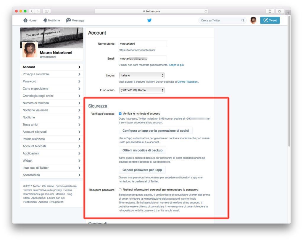 Tra le impostazioni che consentono di incrementare la sicurezza in Twitter, molto importanti sono quelle relative alla verifica di accesso e l'opzione "Richiede informazioni personali per reimpostare la password".