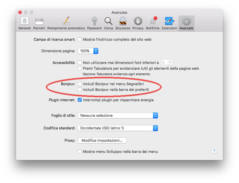 Le opzioni relative a Bonjour nella sezione Preferenze della precedente versione di Safari su Mac