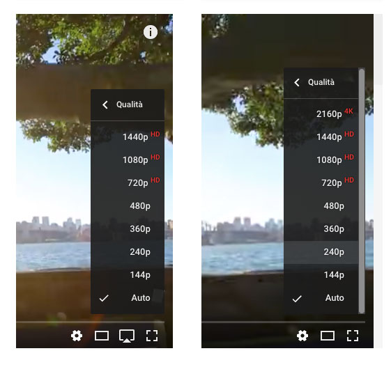 Per lo stesso filmato sono mostrae opzioni diverse su Safari (sinistra) e Chrome (a destra)