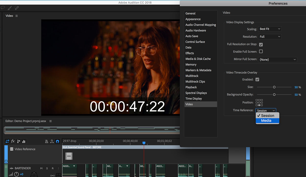 audition Timecode Overlay Options