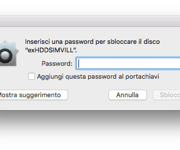 La richiesta di inserimento password quando su un Mac con macOS 10.13 High Sierra di collega un disco con il filesystem APFS cifrato