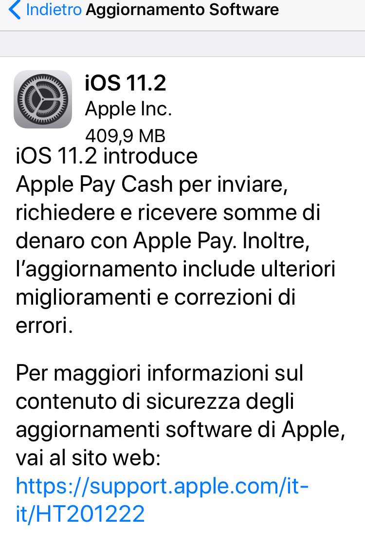 aggiornamento a iOS 11.2