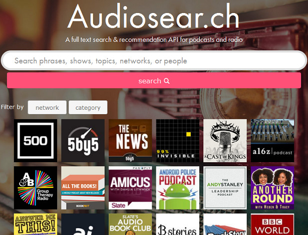Pop Up Archive Schermata di audiosear.ch (servizio ora chiuso)